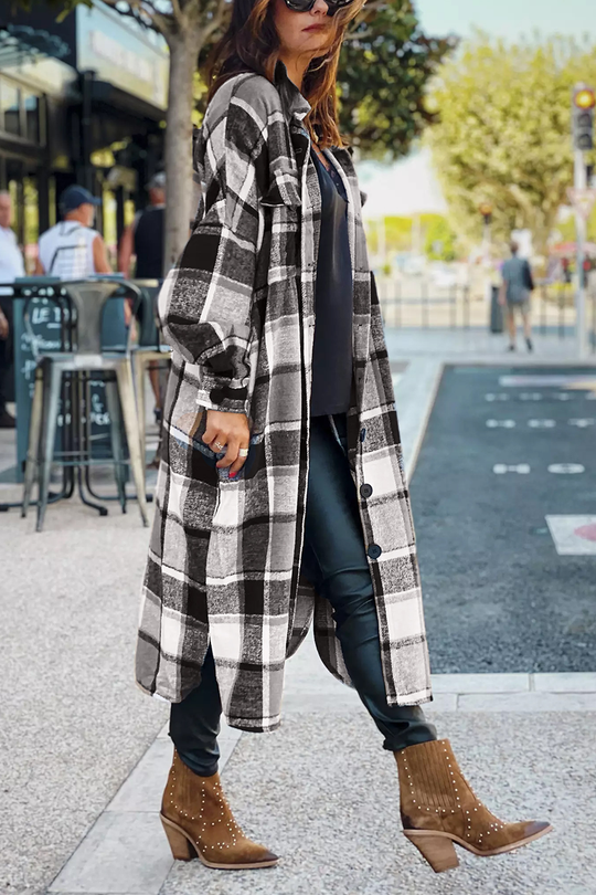 Heidi-Mode | Klappkragen Karoprint Wolle Lange Jacke