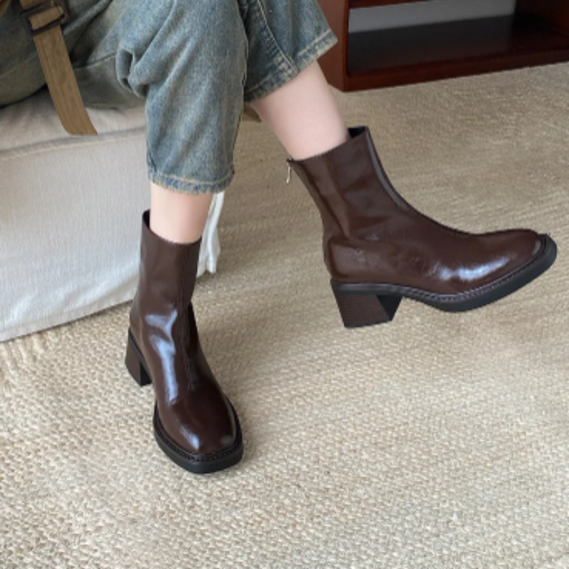 Heidi-Mode | Stilvolle Leder Ankle Boots mit Blockabsatz für Damen Damen Ankle Boots