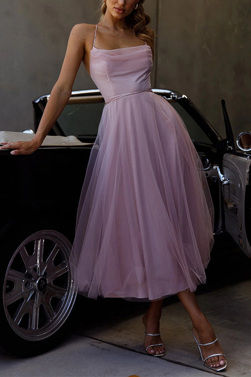 Heidi-Mode | Offene Rücken Taillierte Tüll Midi Party Kleid