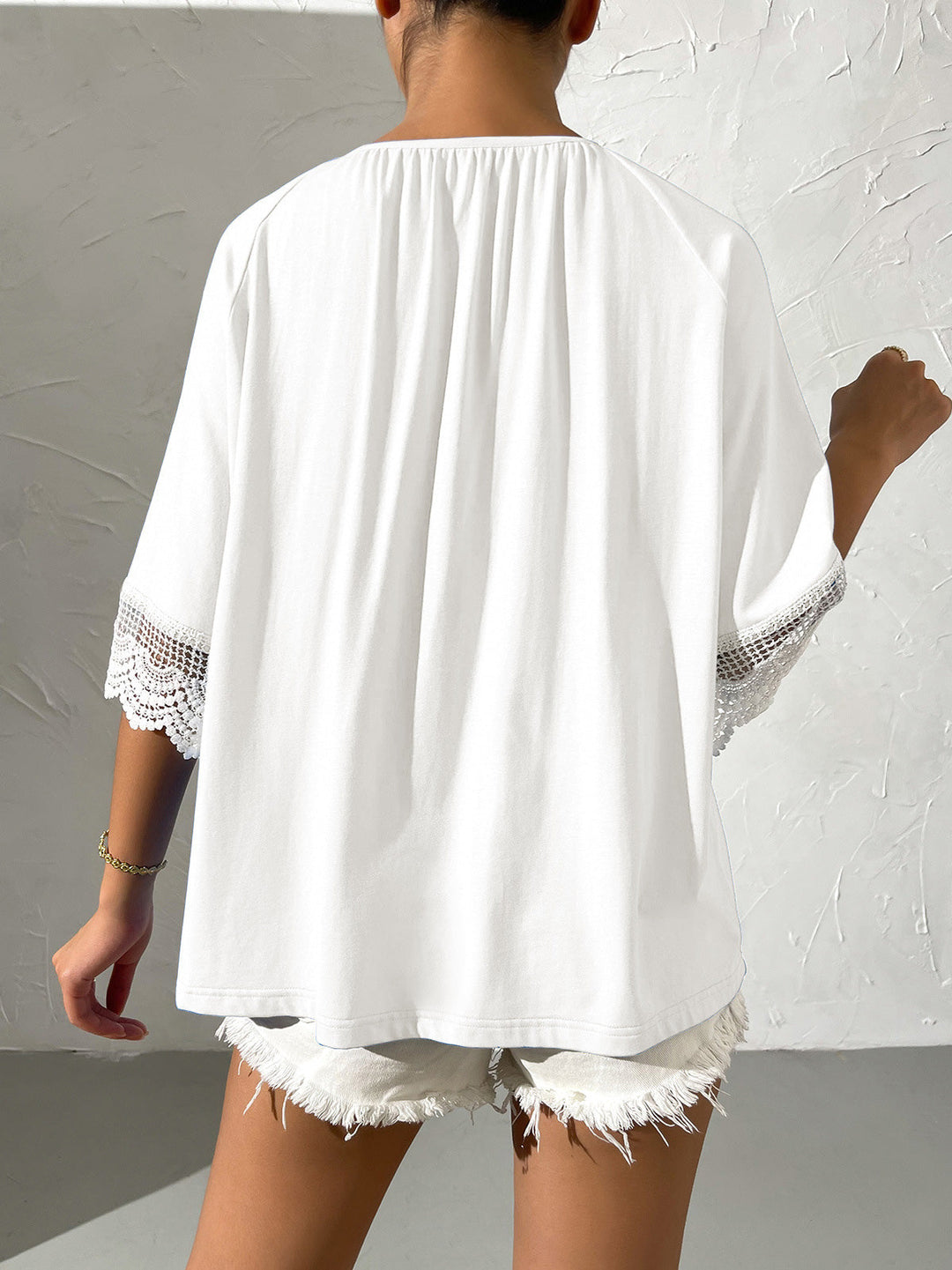 Heidi-Mode | Damen T-Shirts Lockere Rundhals Spitze Kurzarm T-Shirt