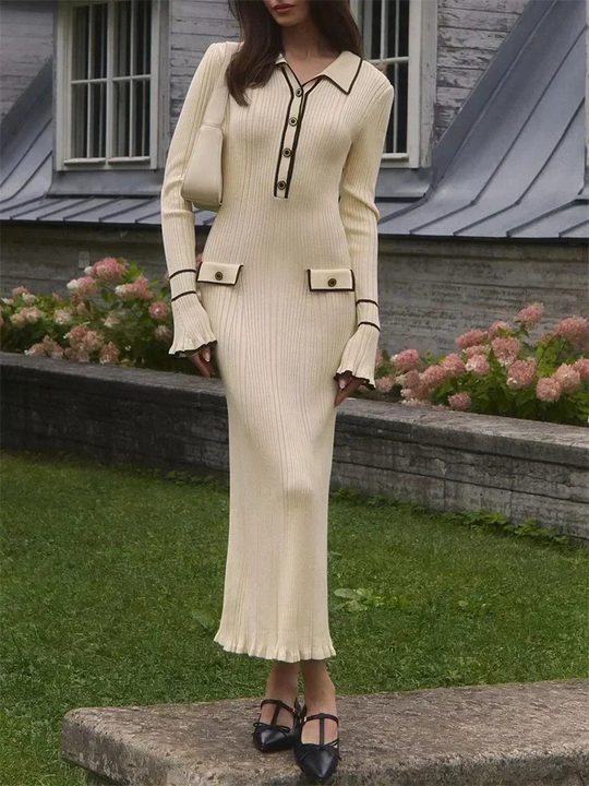 Heidi-Mode | Kleid mit Polokragen und Dekorativen Taschen Gerippter Strick Damen