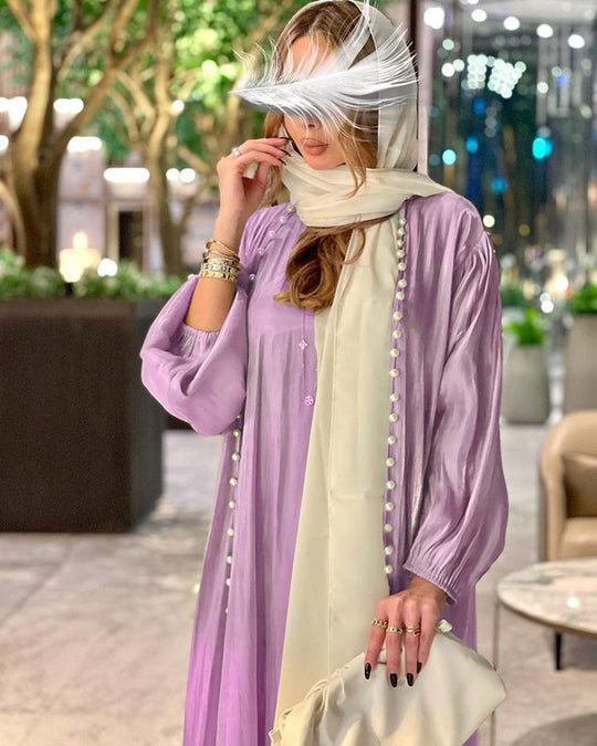 Heidi-Mode | 2 Teile Set Satin Perlen Muslimische Frauen Offene Abaya Kleid mit Innentop Ärmeloses Kleid