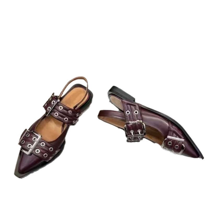 Heidi-Mode | Spitz Zehen Gürtel Schnalle Mules Leder Flach Sandalen