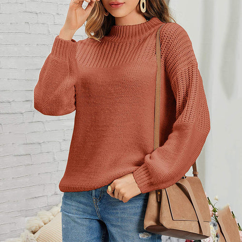 Damen kuscheliger Strickpullover mit hohem Kragen und modernen Lochdetails Heidi-Mode