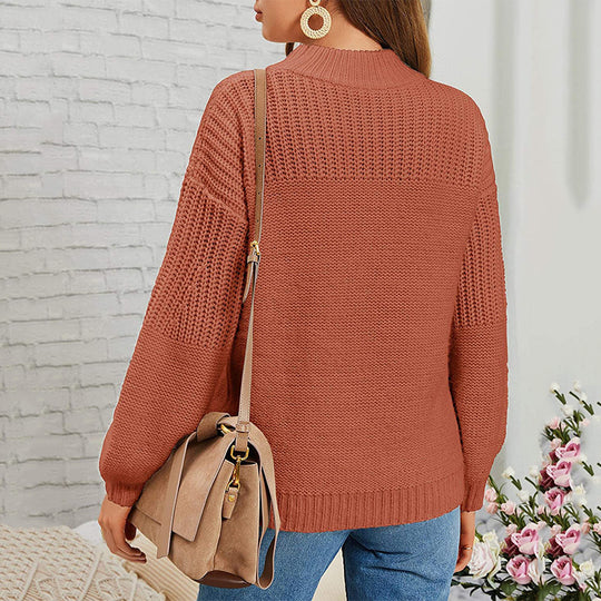 Damen kuscheliger Strickpullover mit hohem Kragen und modernen Lochdetails Heidi-Mode