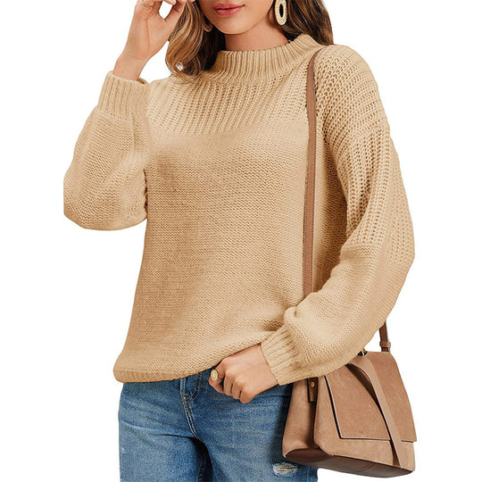 Damen kuscheliger Strickpullover mit hohem Kragen und modernen Lochdetails Heidi-Mode