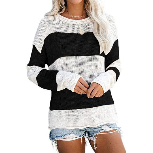 Damen lässiger Strickpullover mit modernem Blockstreifenmuster und weitem Schnitt Heidi-Mode
