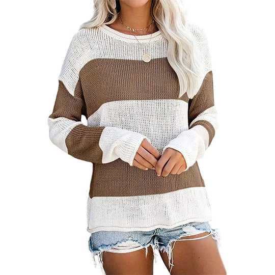 Damen lässiger Strickpullover mit modernem Blockstreifenmuster und weitem Schnitt Heidi-Mode