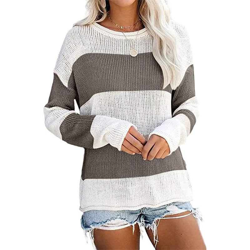Damen lässiger Strickpullover mit modernem Blockstreifenmuster und weitem Schnitt Heidi-Mode