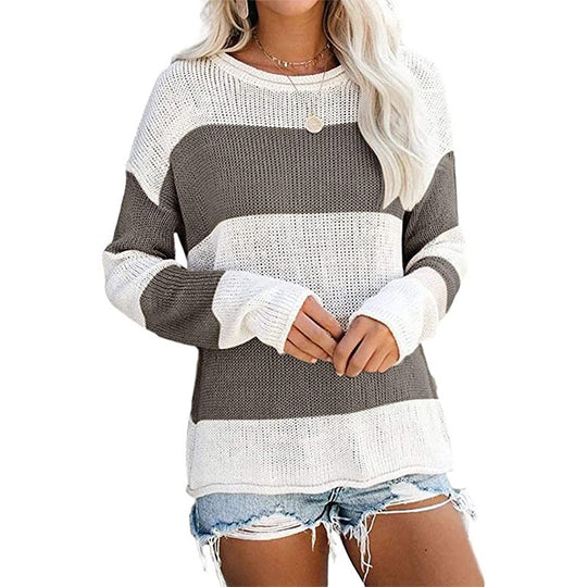 Damen lässiger Strickpullover mit modernem Blockstreifenmuster und weitem Schnitt Heidi-Mode