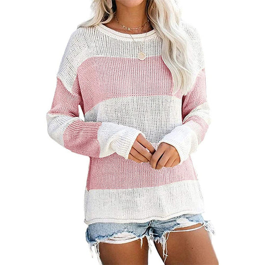 Damen lässiger Strickpullover mit modernem Blockstreifenmuster und weitem Schnitt Heidi-Mode