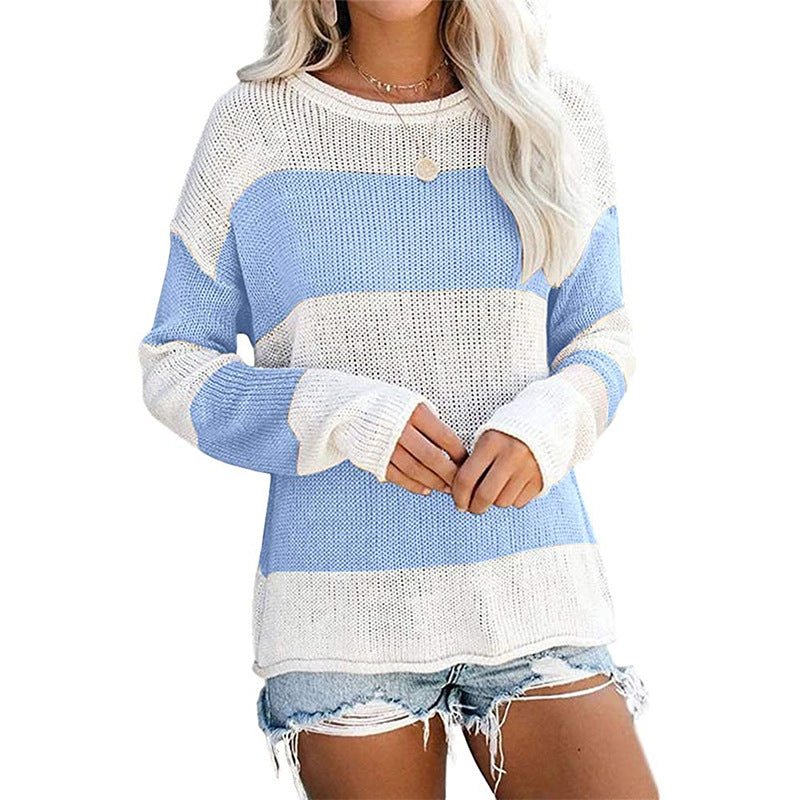 Damen lässiger Strickpullover mit modernem Blockstreifenmuster und weitem Schnitt Heidi-Mode