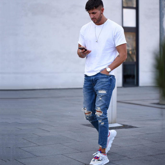 Herren modische Slim Fit Jeans mit angesagten Rissen und Verjüngung Heidi-Mode