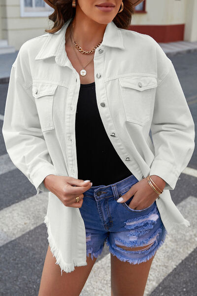 Heidi-Mode | Knöpfen Up Pocketed Raw Hem Denim Jacke