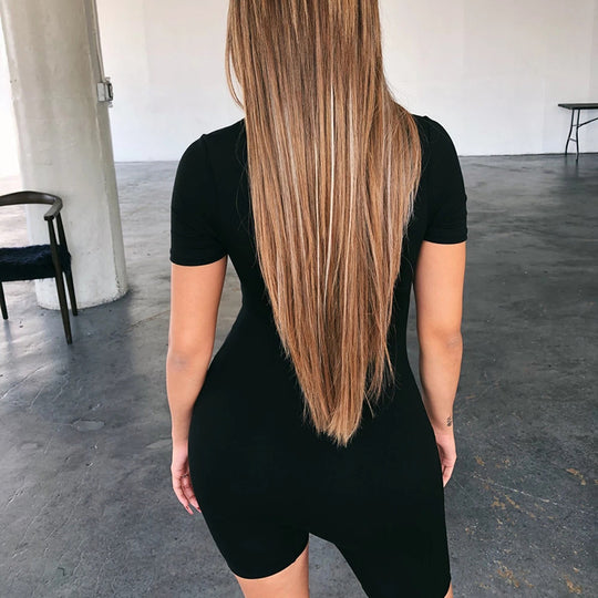 Damen Sportlicher Kurzarm-Jumpsuit mit farbigem Reißverschluss und figurbetontem Schnitt Heidi-Mode