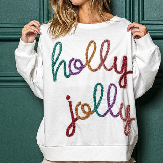 Festlicher Verzierter Sweatshirt mit 'Holly Jolly' Schriftzug