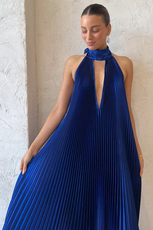 Heidi-Mode | Halter Tied Up Cutout Neck Pleated Backless Asymmetrischer Saum Hochzeitsgast Maxi Kleider