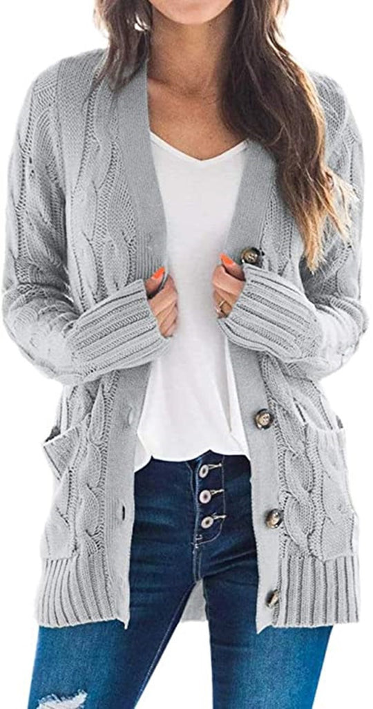 Damen Strickjacke mit grobem Zopfdesign und praktischen Taschen Heidi-Mode