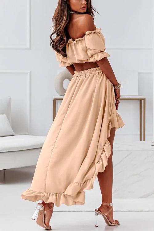 Heidi-Mode | Off Shoulder Crop Top Hohe Niedrige Kante Rock Volant Set