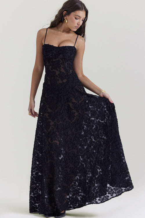 Heidi-Mode | Gift Of Love Blumen Tie Back Maxi Kleid Schwarz