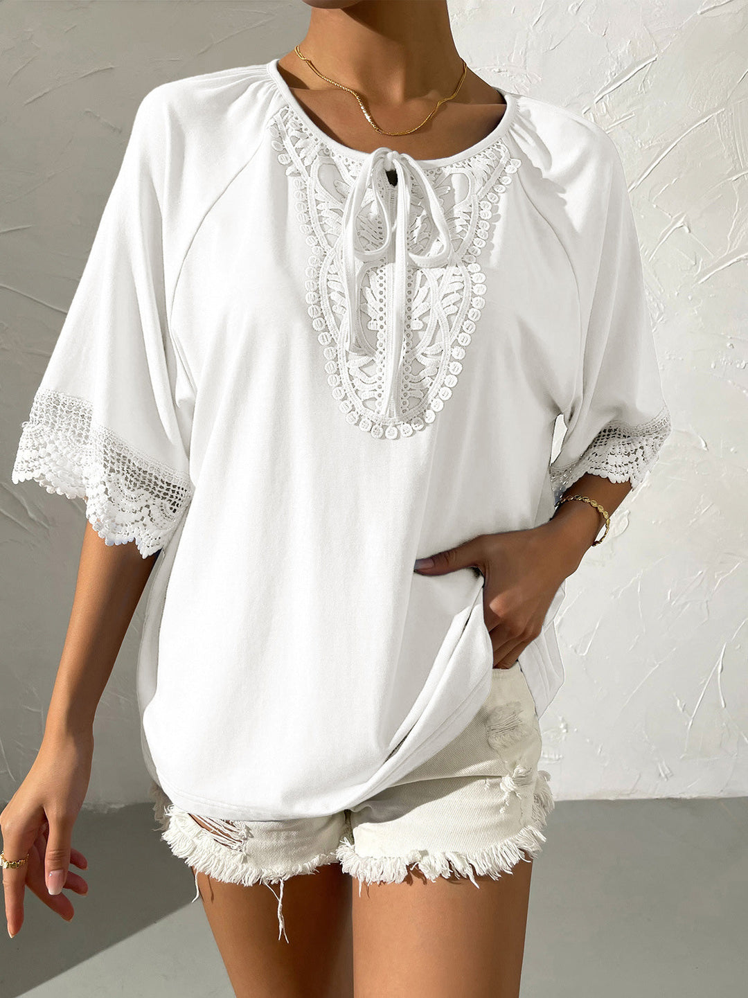 Heidi-Mode | Damen T-Shirts Lockere Rundhals Spitze Kurzarm T-Shirt