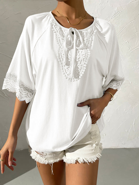 Heidi-Mode | Damen T-Shirts Lockere Rundhals Spitze Kurzarm T-Shirt