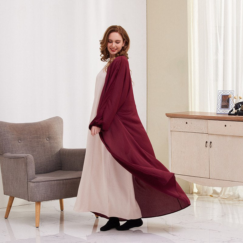 Heidi-Mode | 8 Farboptionen Satin Laternenärmel Offene Abaya Kleid Muslimische Dubai Frauen