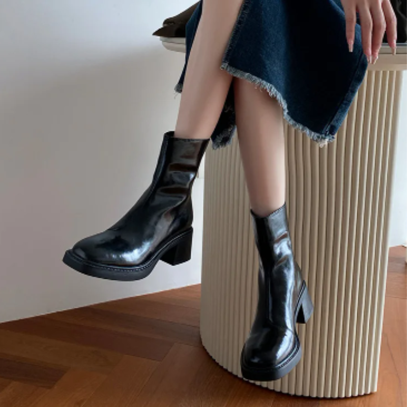 Heidi-Mode | Stilvolle Leder Ankle Boots mit Blockabsatz für Damen Damen Ankle Boots