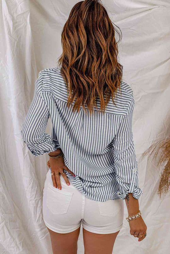 Heidi-Mode | Gestreiftes Knopf-Top Roll-Tab Ärmel Hemd