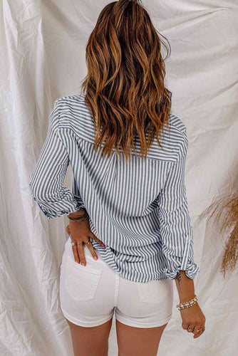 Heidi-Mode | Gestreiftes Knopf-Top Roll-Tab Ärmel Hemd
