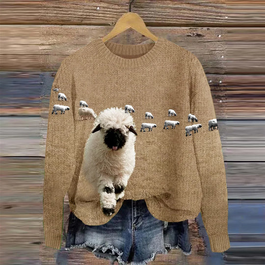 Heidi-Mode | Bequemer Strickpullover Mit Rundhalsausschnitt und Stray Sheep Druck