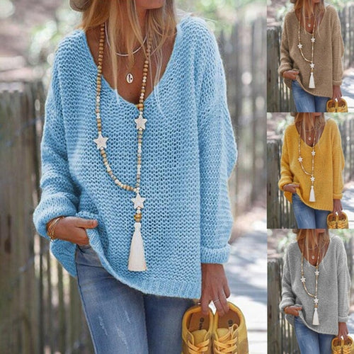 Damen legere Strickpullover mit moderner Schnittführung und V-Ausschnitt Heidi-Mode