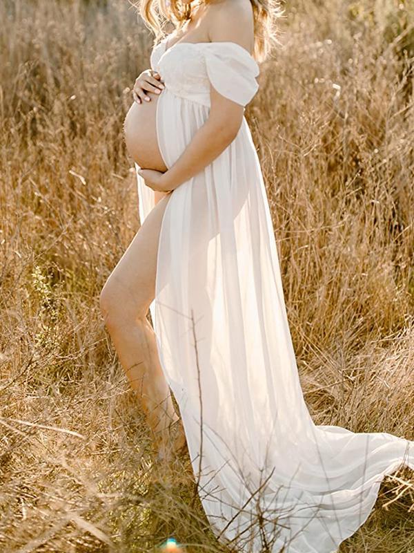 Heidi-Mode Umstands-Chaps, elegante, schicke, seitlich geschlitzte Spitze, Bandeau-Maxi-Fotoshooting-Kleider