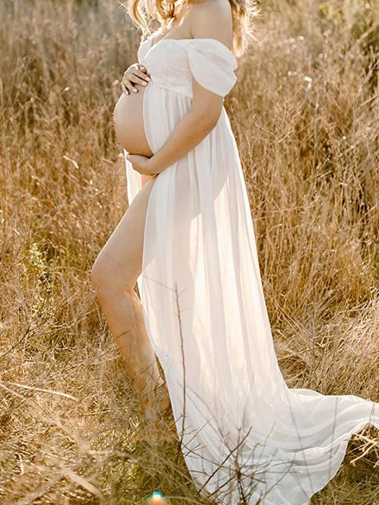 Heidi-Mode Umstands-Chaps, elegante, schicke, seitlich geschlitzte Spitze, Bandeau-Maxi-Fotoshooting-Kleider