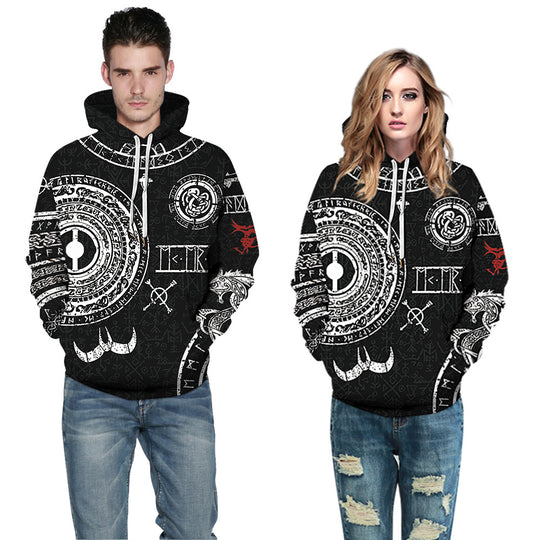 Damen Kapuzensweatshirt mit einzigartiger Wolfsgrafik und detailreichen Symbolen Heidi-Mode