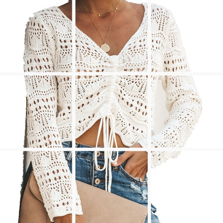 Damen luftige Strickjacke mit raffiniertem Lochmuster und Kordelzug Heidi-Mode