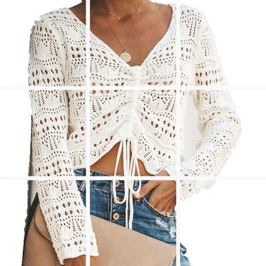 Damen luftige Strickjacke mit raffiniertem Lochmuster und Kordelzug Heidi-Mode