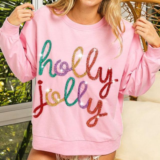 Festlicher Verzierter Sweatshirt mit 'Holly Jolly' Schriftzug