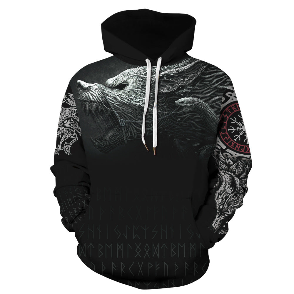Damen Kapuzensweatshirt mit einzigartiger Wolfsgrafik und detailreichen Symbolen Heidi-Mode