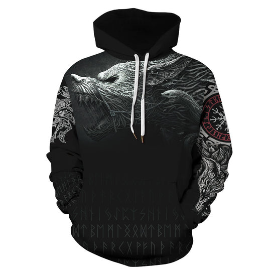 Damen Kapuzensweatshirt mit einzigartiger Wolfsgrafik und detailreichen Symbolen Heidi-Mode
