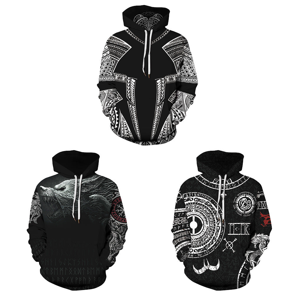 Damen Kapuzensweatshirt mit einzigartiger Wolfsgrafik und detailreichen Symbolen Heidi-Mode