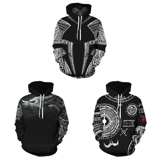 Damen Kapuzensweatshirt mit einzigartiger Wolfsgrafik und detailreichen Symbolen Heidi-Mode