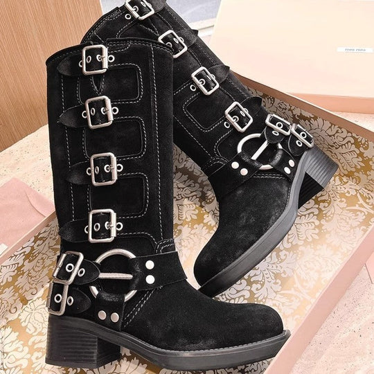 Heidi-Mode | Echtes Leder Kuh Wildleder Vintage Reiter Gürtel Schnalle Hohe Stiefel