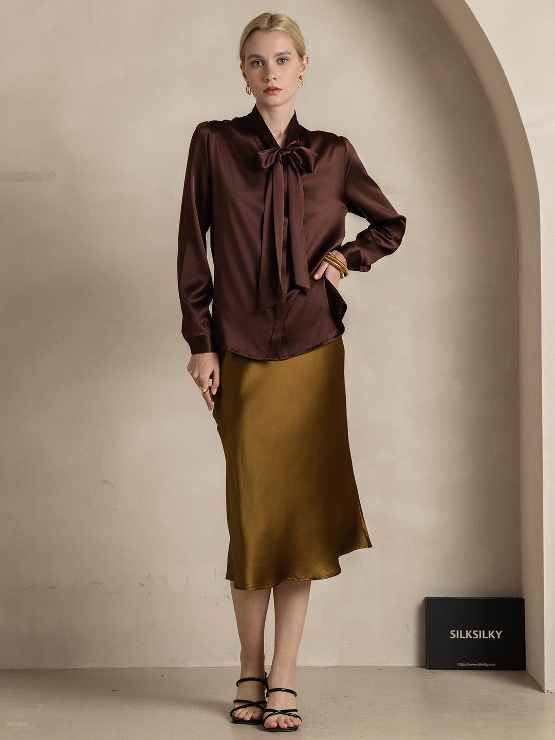 Heidi-Mode | Damen Elegante Seidenbluse mit Schlipskragen und Langen Ärmeln
