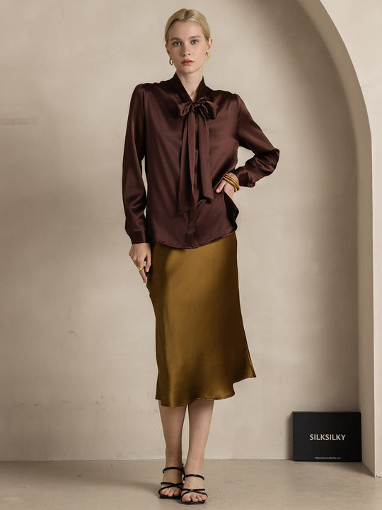 Heidi-Mode | Damen Elegante Seidenbluse mit Schlipskragen und Langen Ärmeln