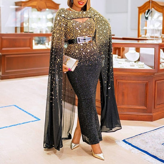 Damen Glamouröses Abendkleid mit Cape und Glitzerakzenten Heidi-Mode