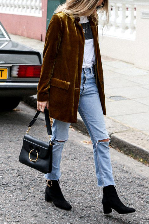 Heidi-Mode | Damen Eleganter Samt Longblazer mit Praktischen Taschen für Alle Jahreszeiten