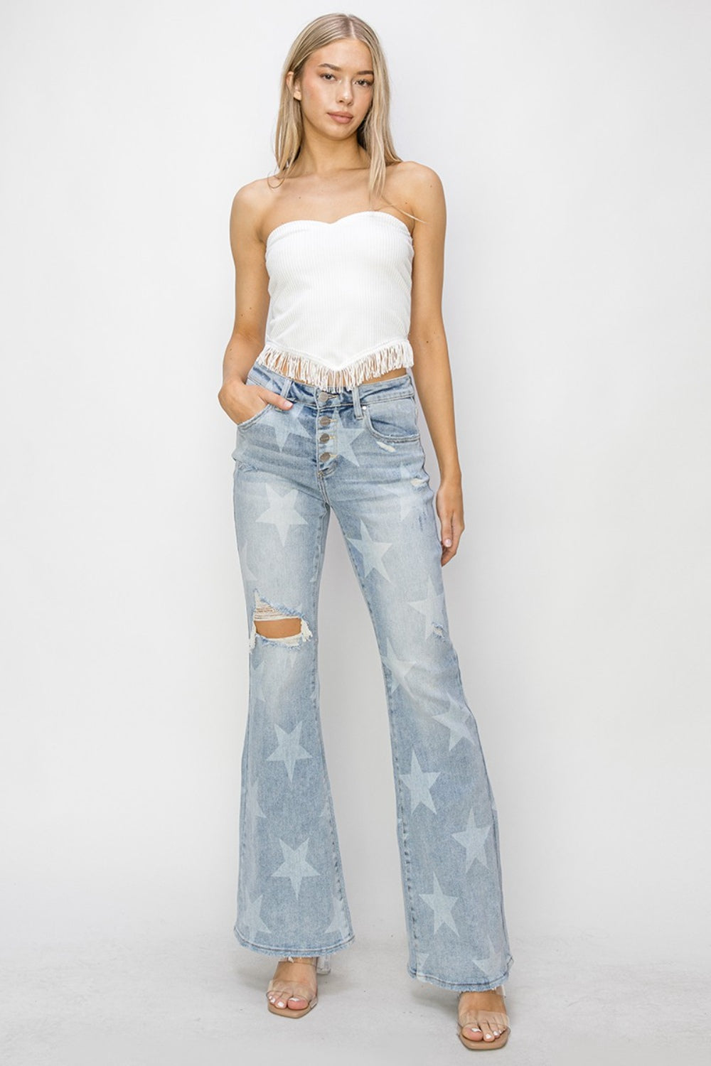 Heidi-Mode | Risen Mid Rise Knopfverschluss Start Druck Flare Jeans