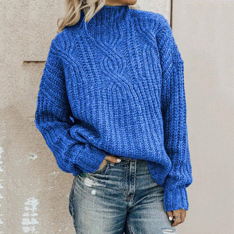 Damen Strickpullover mit hohem Kragen und Zopfmuster Heidi-Mode