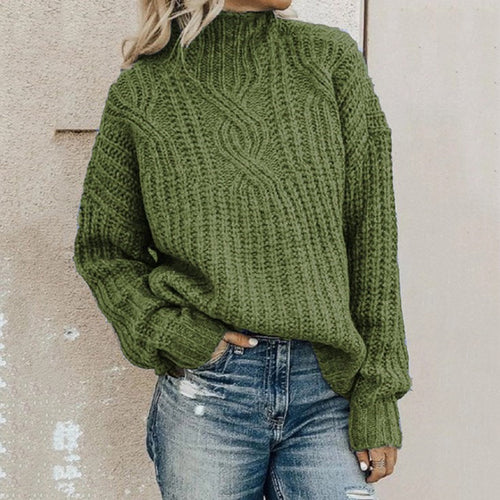 Damen Strickpullover mit hohem Kragen und Zopfmuster Heidi-Mode